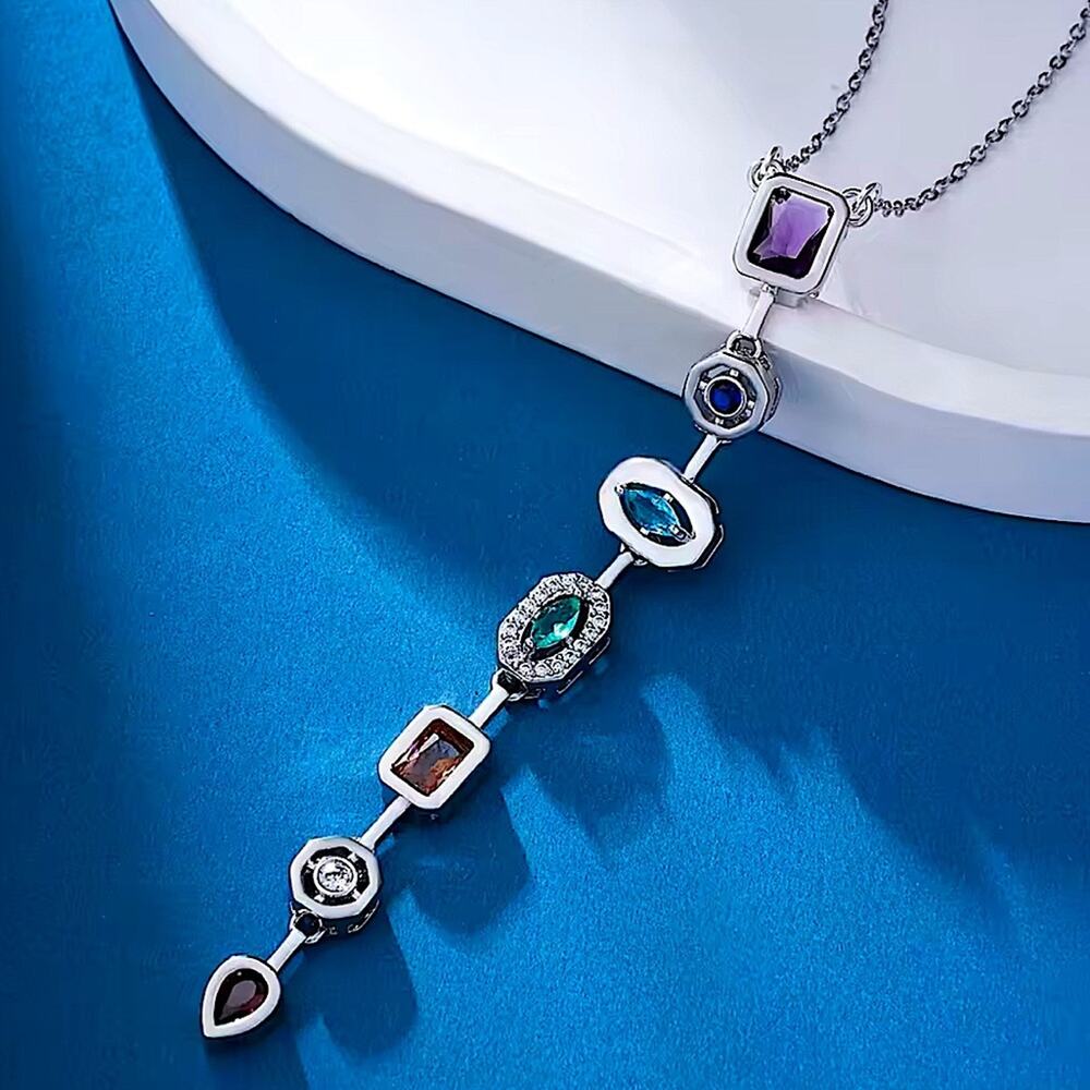 Sterling Silver Y Lariat Multicolor Zircon Necklace 7 Tier Eye Candy Gift